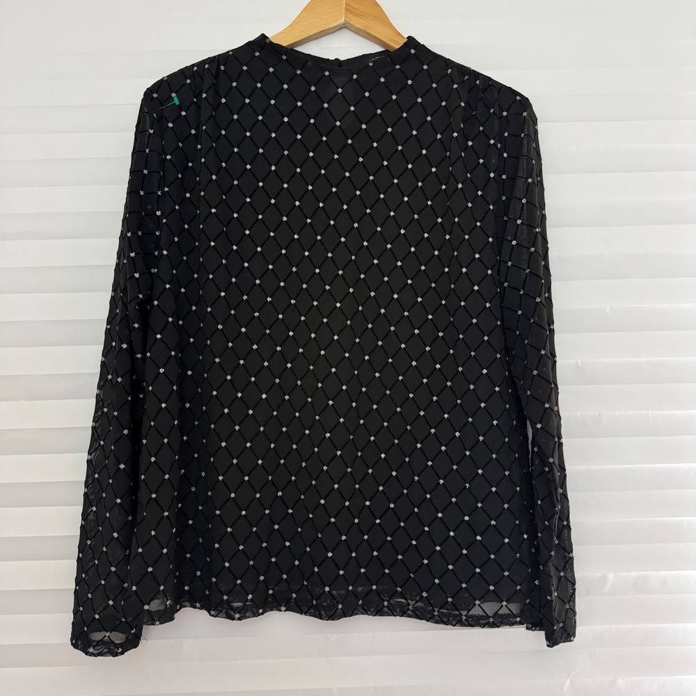 Adrienne Vittadini Womens XL Black Mesh Glitter Diamond Mock Neck Top Party